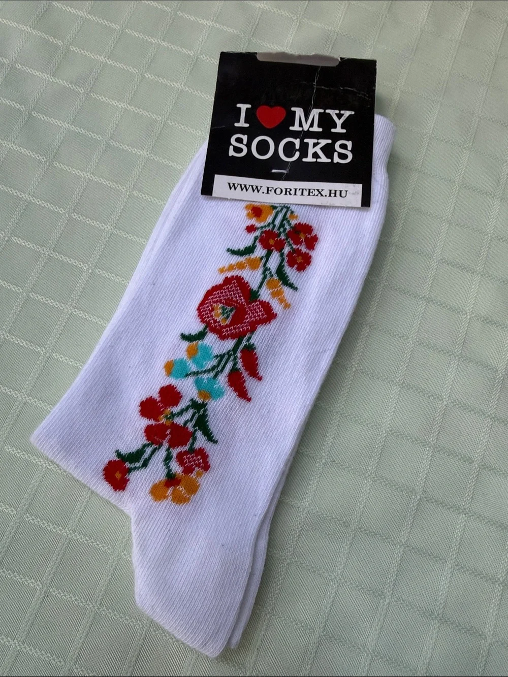 New I ♥ My Socks White Floral Crew Cotton Socks